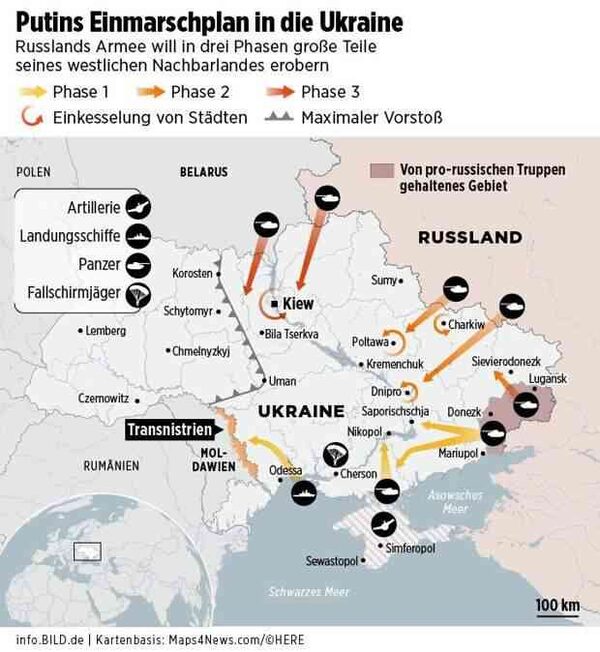 «Наступление на Киев будет с севера»: в Германии рассказали о трёх фазах вторжения РФ на Украину